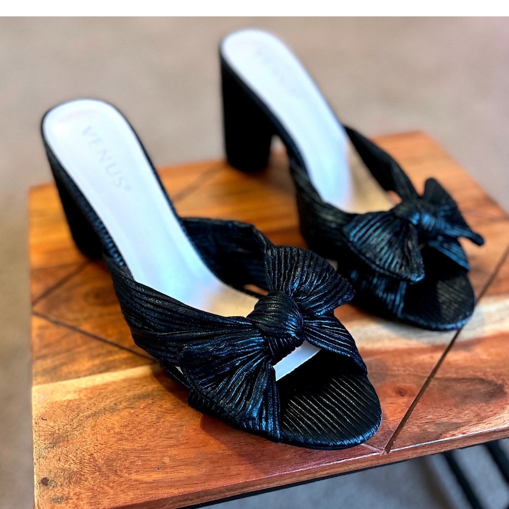 Venus Black Pleated Bow Mule Heels Block Heel Slide‎ Sandals Womens 9.5